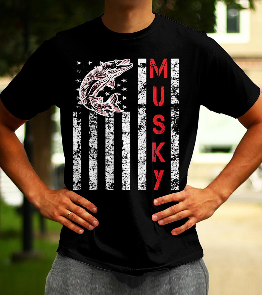 Musky Fishing Distressed Flag With Musky Catch And Stars T-Shirt