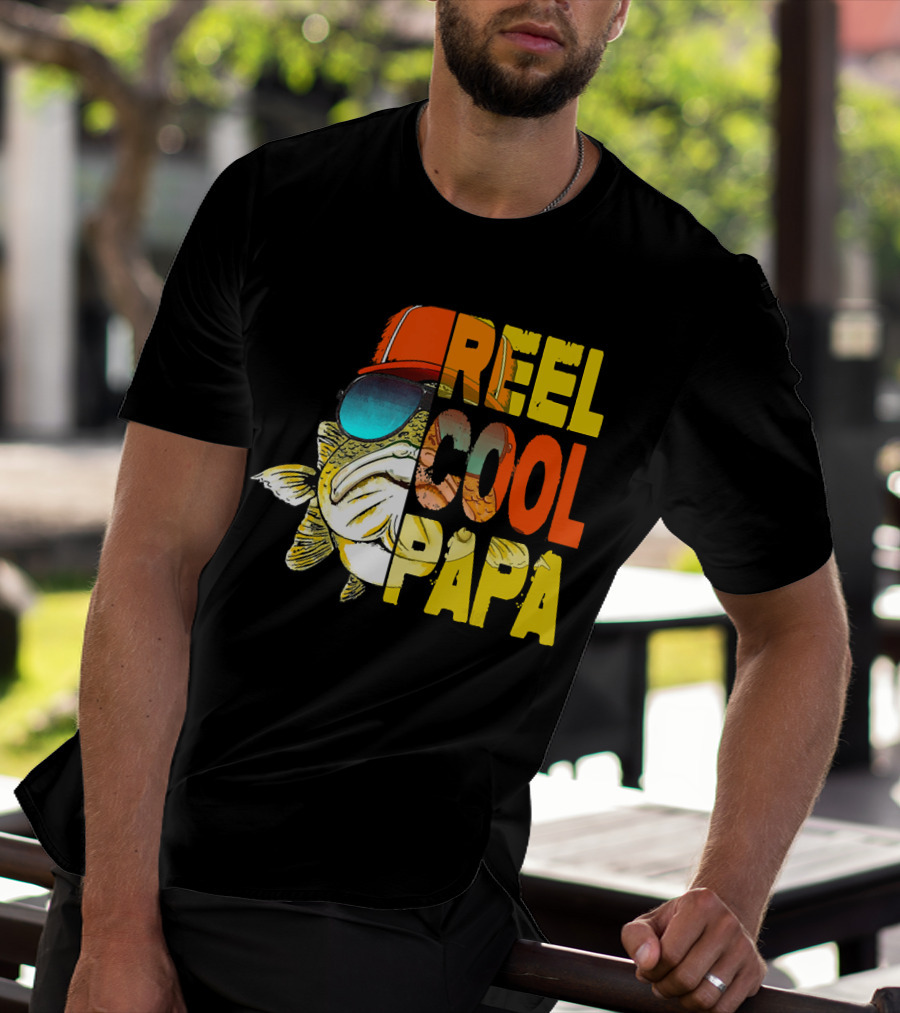 Fathers Day Fishing Reel Cool Papa Fish Wearing Hat Sunglasses T-Shirt