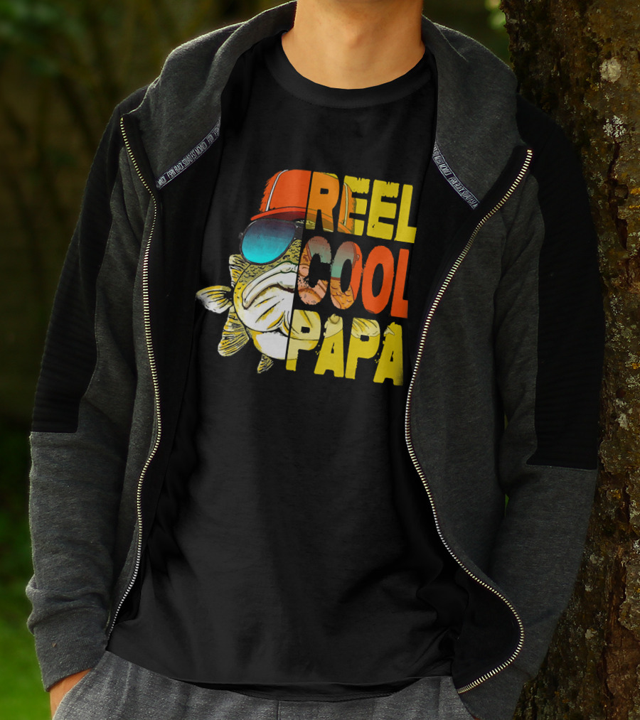 Fathers Day Fishing Reel Cool Papa Fish Wearing Hat Sunglasses T-Shirt