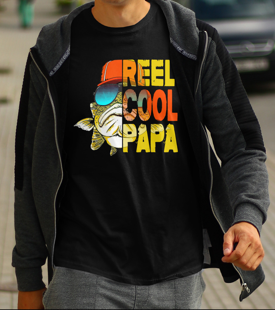 Fathers Day Fishing Reel Cool Papa Fish Wearing Hat Sunglasses T-Shirt