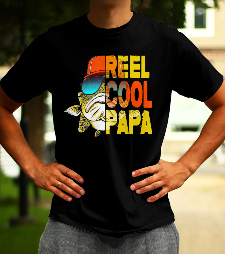Fathers Day Fishing Reel Cool Papa Fish Wearing Hat Sunglasses T-Shirt