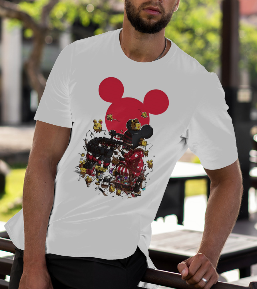 Mickey Mouse Red Circle Artist Scene With Small Characters T-Shirt