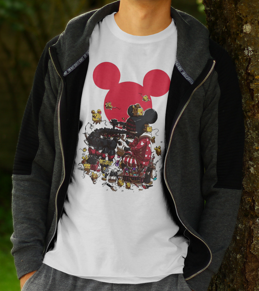 Mickey Mouse Red Circle Artist Scene With Small Characters T-Shirt