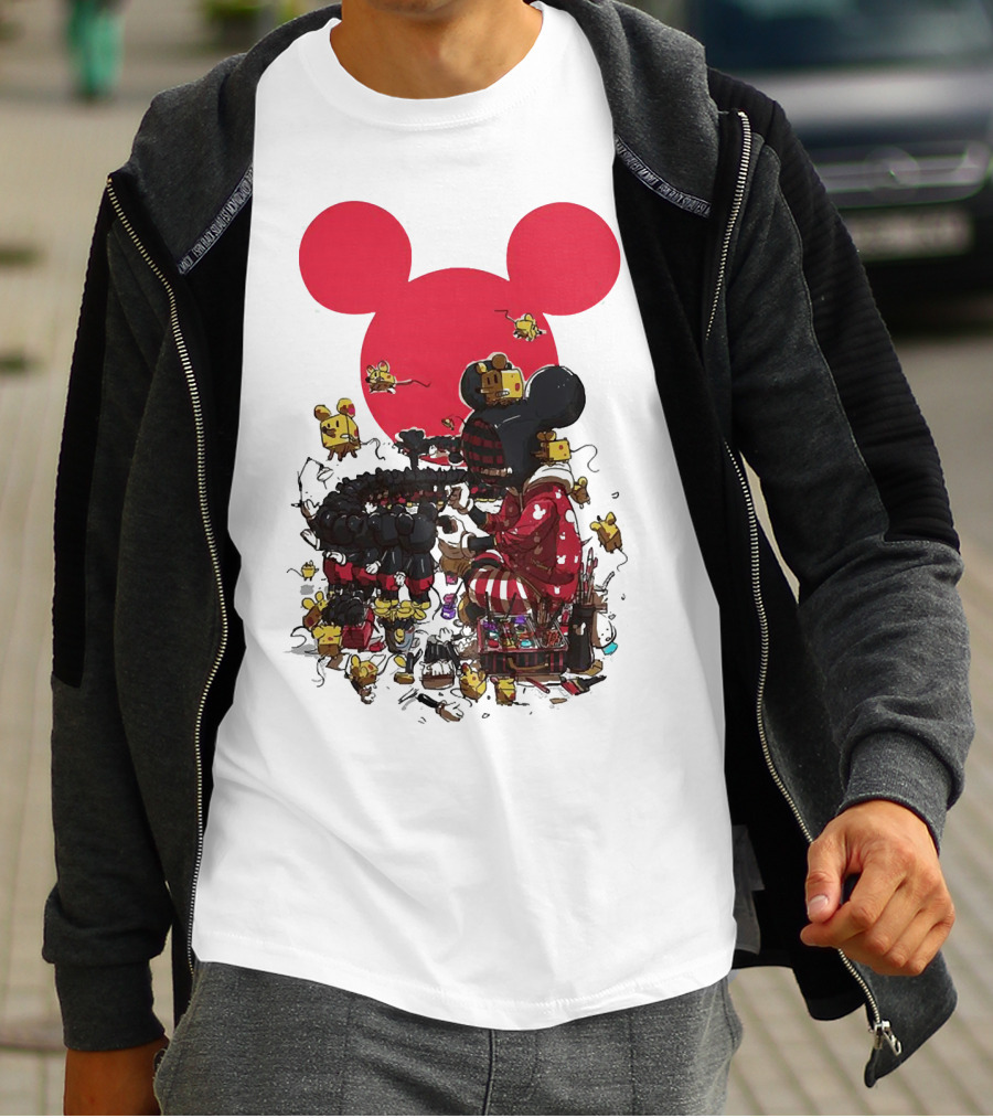 Mickey Mouse Red Circle Artist Scene With Small Characters T-Shirt