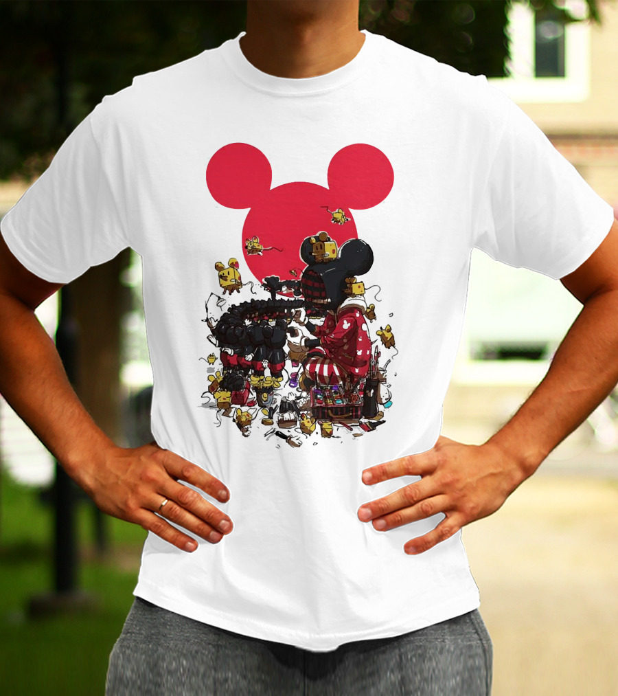 Mickey Mouse Red Circle Artist Scene With Small Characters T-Shirt