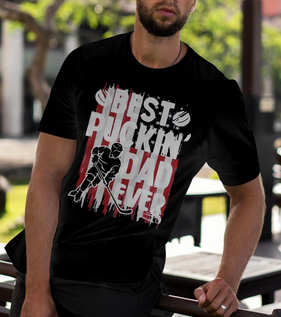 Best Puckin Dad Ever Hockey American Flag Player T-Shirt