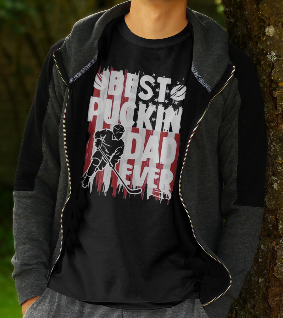 Best Puckin Dad Ever Hockey American Flag Player T-Shirt