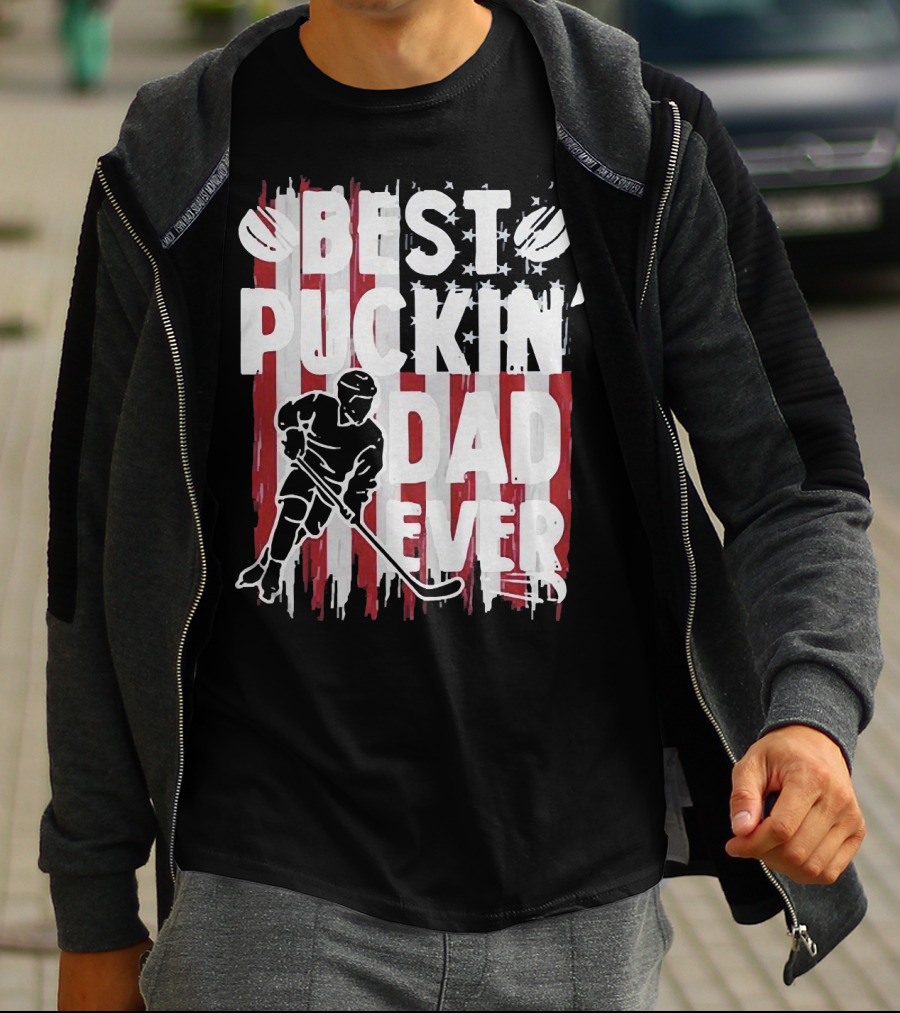 Best Puckin Dad Ever Hockey American Flag Player T-Shirt