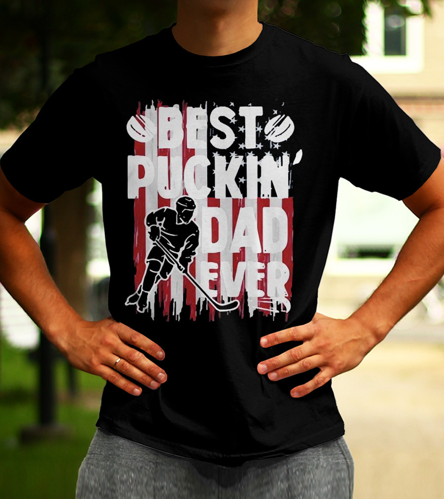 Best Puckin Dad Ever Hockey American Flag Player T-Shirt
