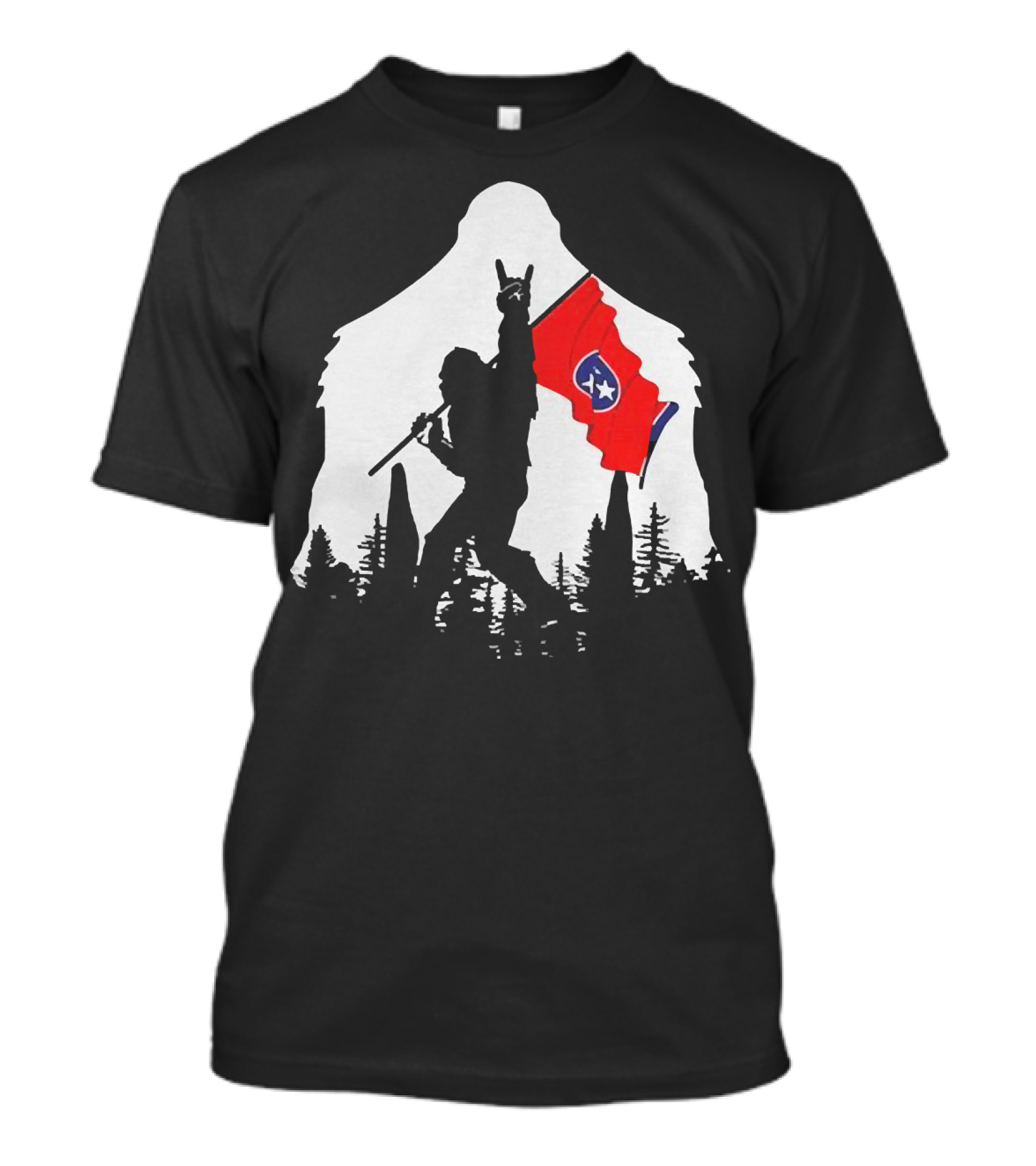 Bigfoot Silhouette With Rock And Roll Pose Holding Tennessee Flag In Forest T-Shirt
