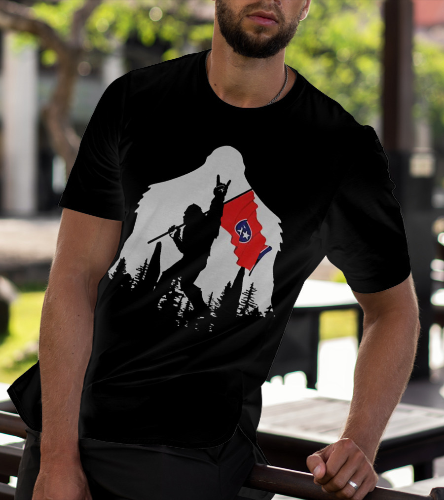 Bigfoot Silhouette With Rock And Roll Pose Holding Tennessee Flag In Forest T-Shirt