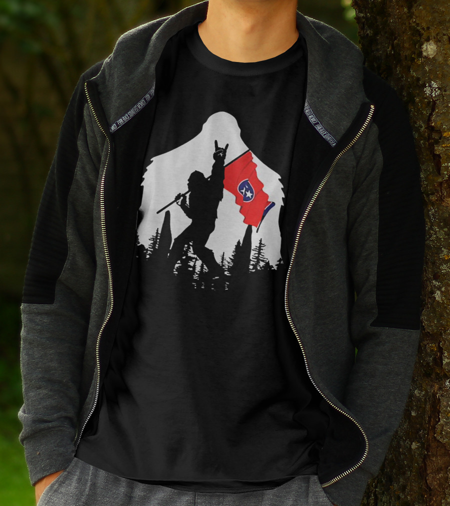 Bigfoot Silhouette With Rock And Roll Pose Holding Tennessee Flag In Forest T-Shirt