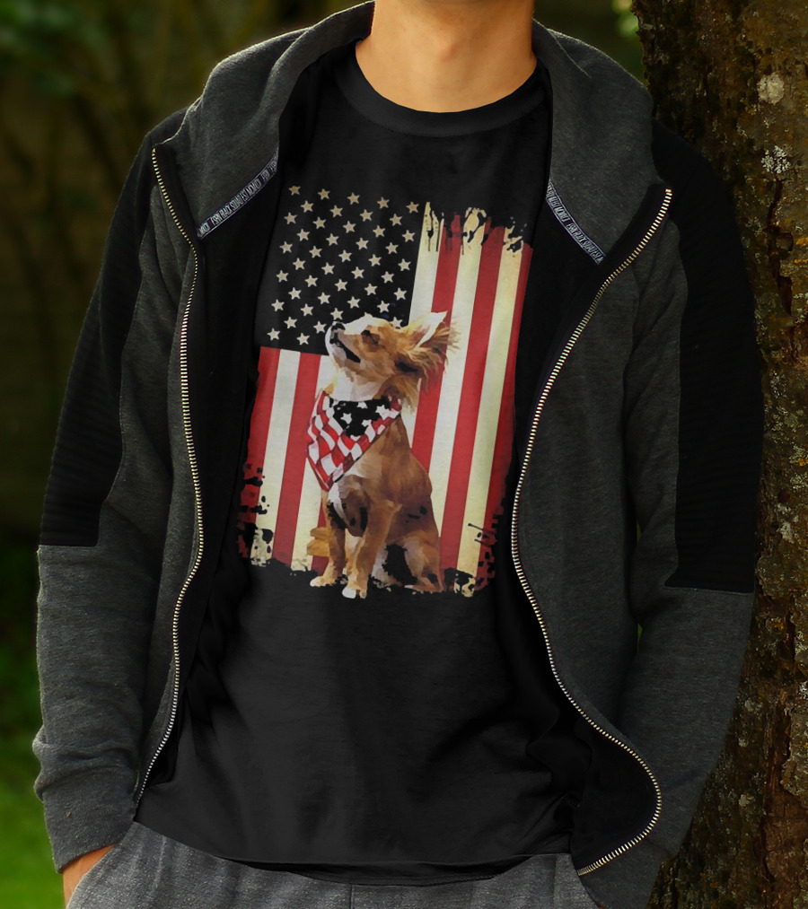 Patriotic Chihuahua With American Flag Background T-Shirt