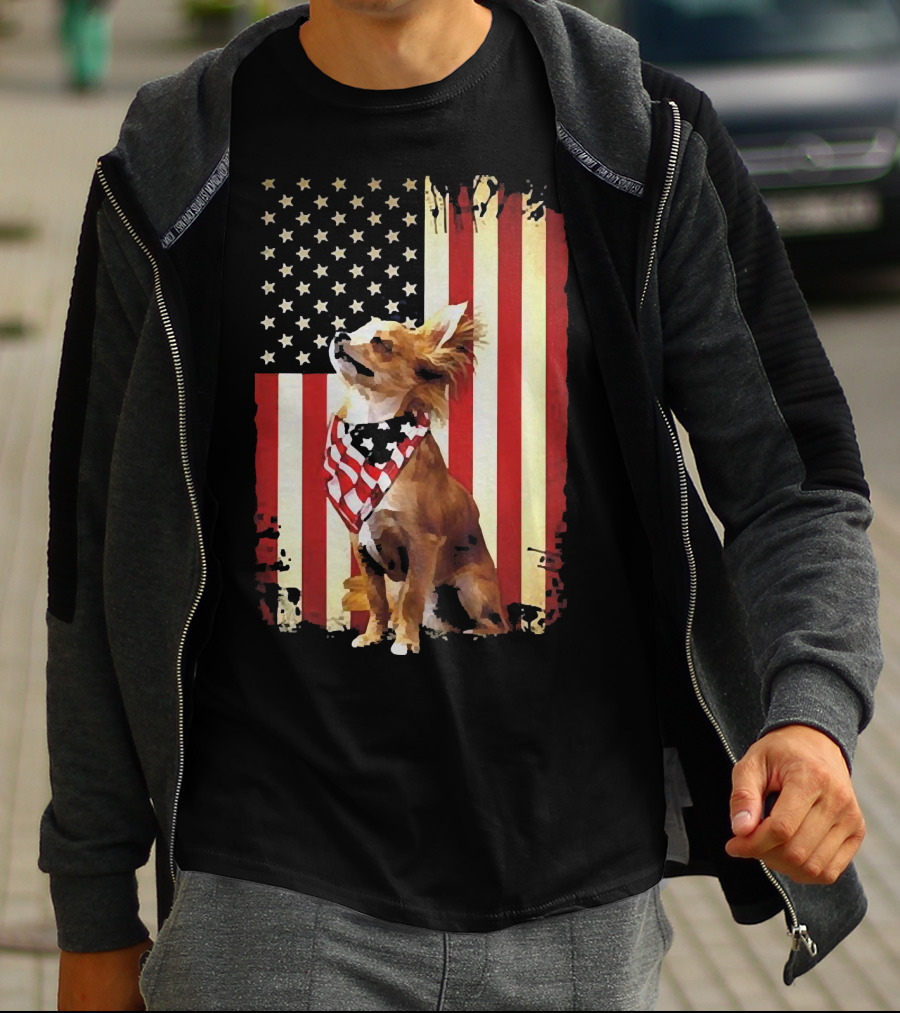 Patriotic Chihuahua With American Flag Background T-Shirt
