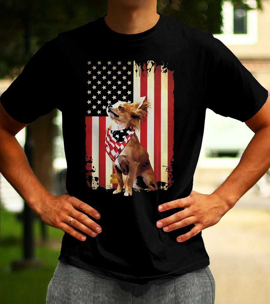 Patriotic Chihuahua With American Flag Background T-Shirt