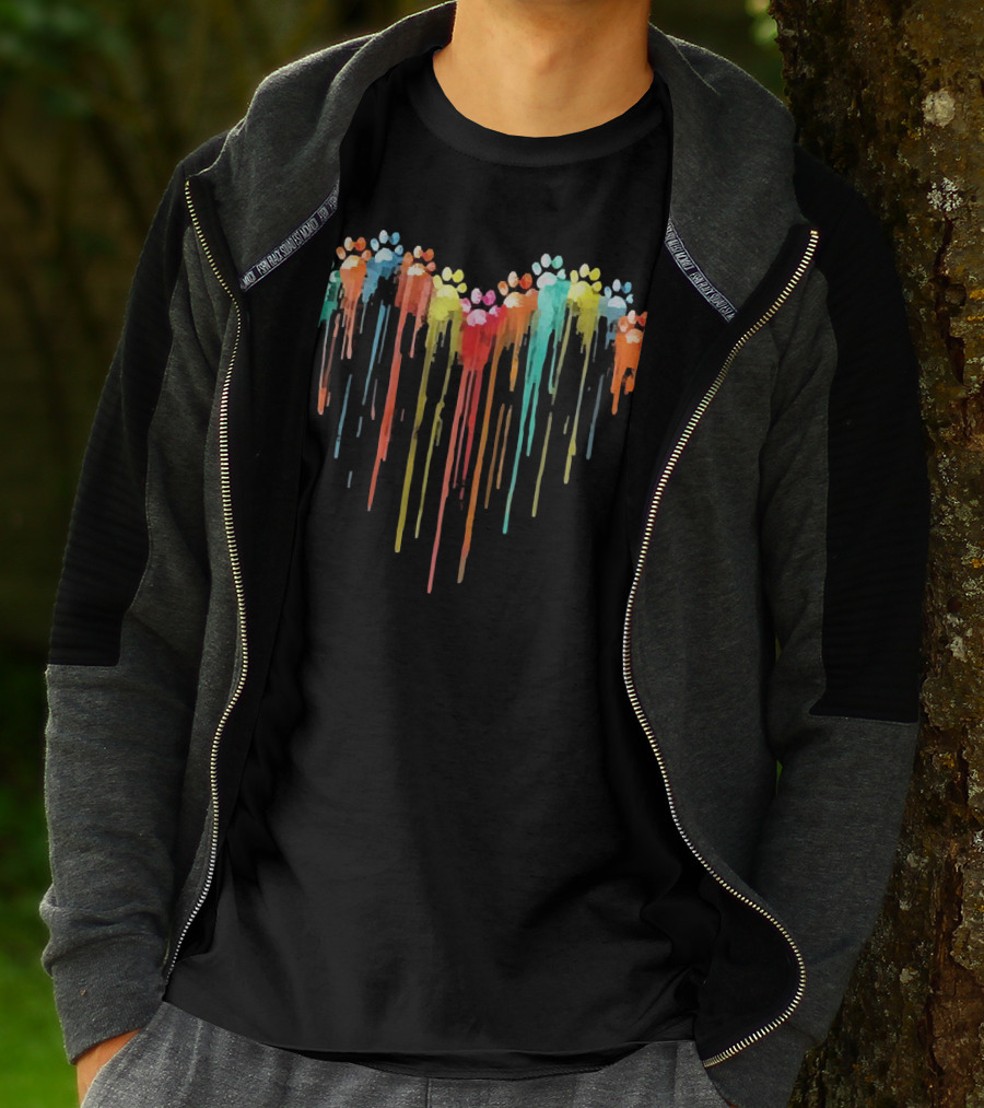 Dog Paw Heart Watercolor Rainbow Drip T-Shirt