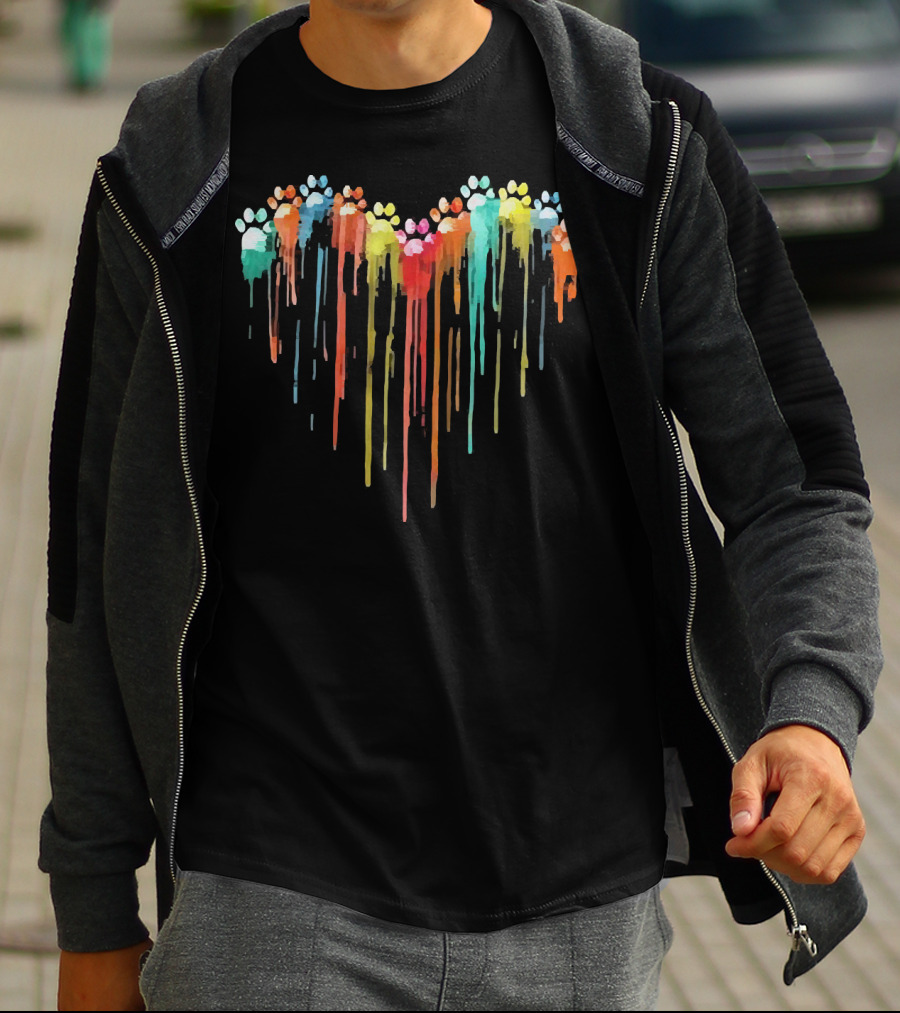Dog Paw Heart Watercolor Rainbow Drip T-Shirt