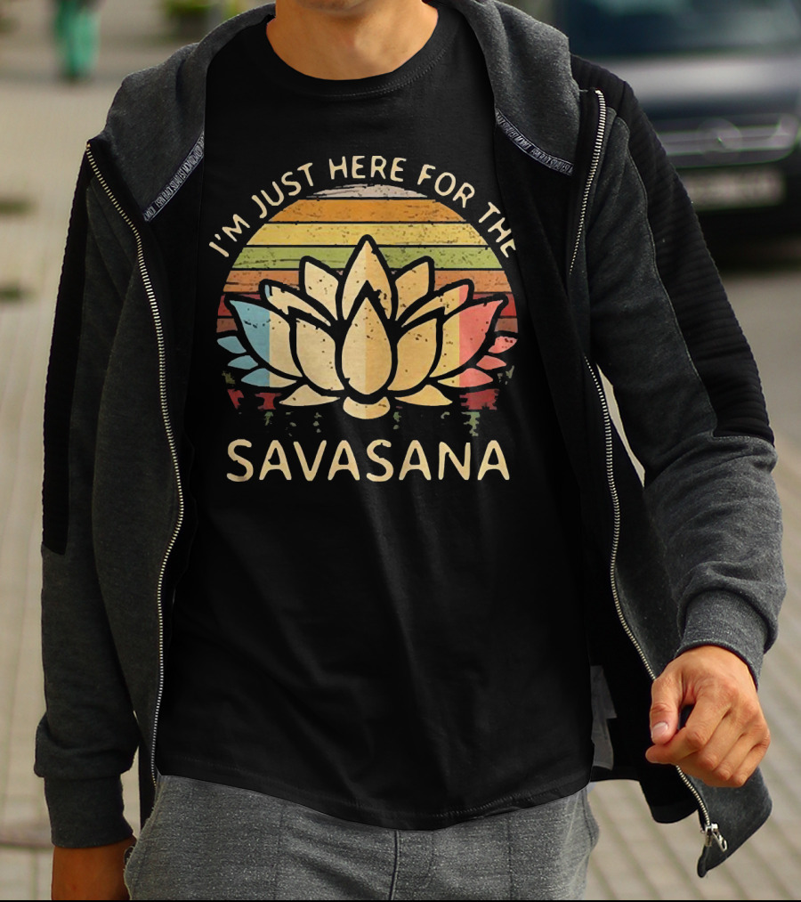 I'm Just Here For The Savasana Lotus With Retro Sunset Stripes T-Shirt