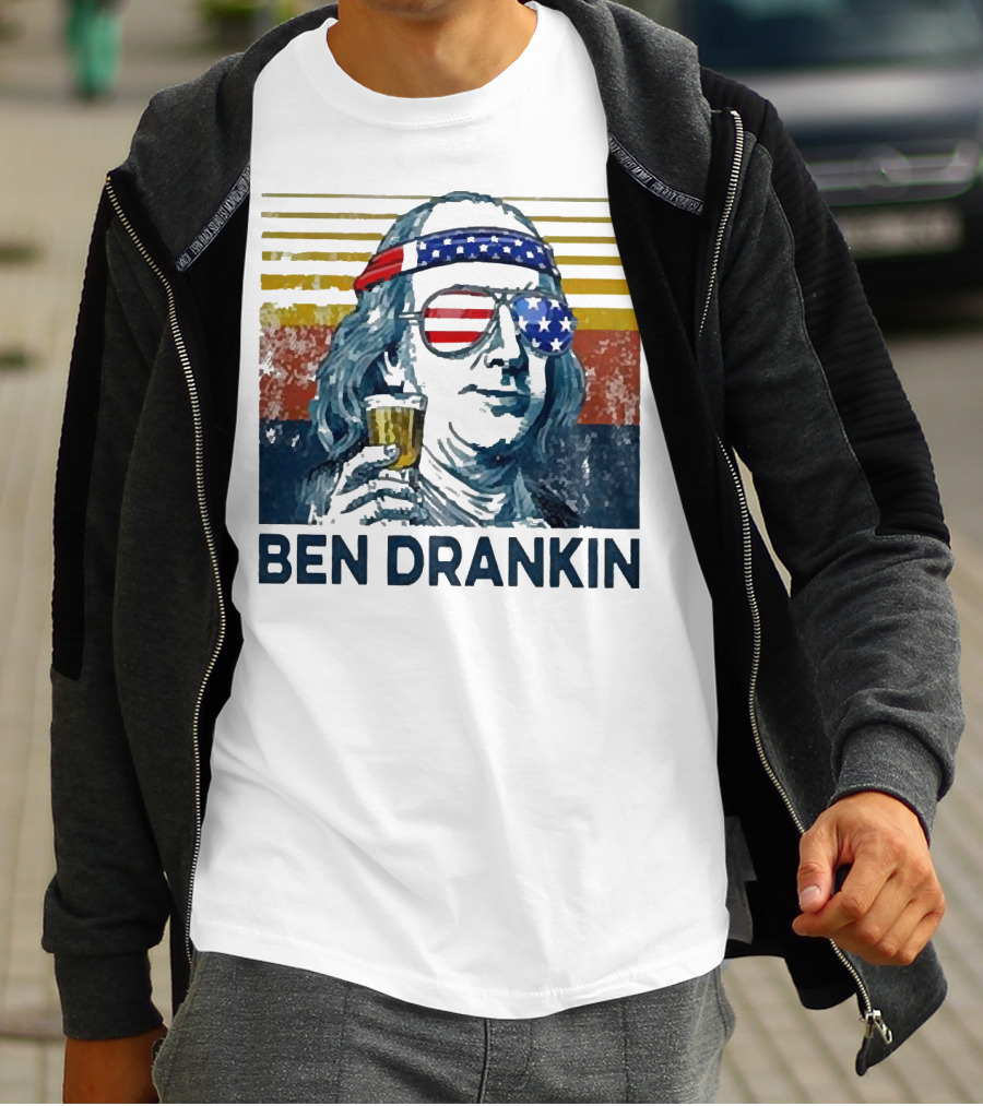 Ben Drankin Beer American Flag Sunglasses Patriotic Benjamin Franklin T-Shirt