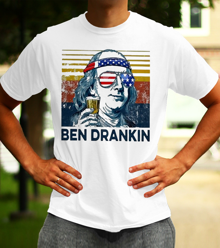 Ben Drankin Beer American Flag Sunglasses Patriotic Benjamin Franklin T-Shirt