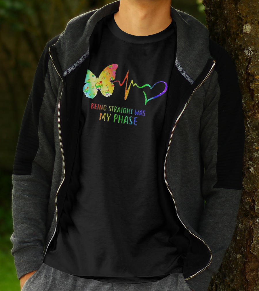Being Straight Was My Phase Heartbeat Butterfly Rainbow T-Shirt