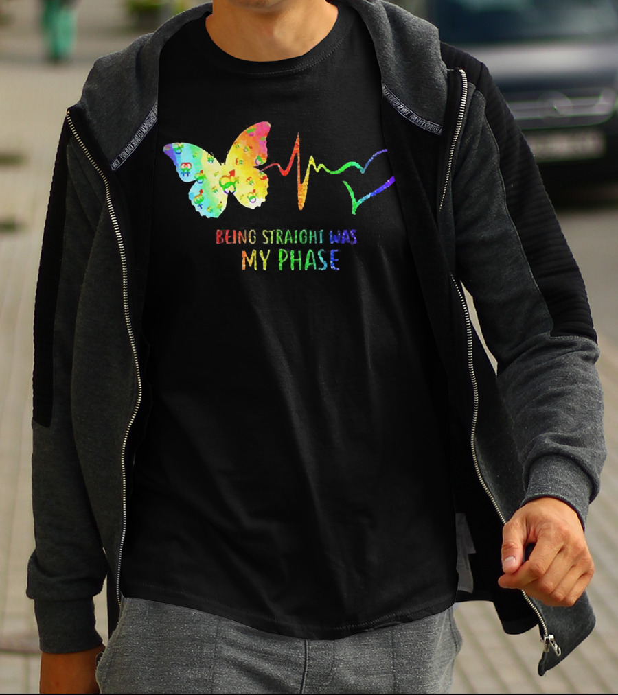 Being Straight Was My Phase Heartbeat Butterfly Rainbow T-Shirt