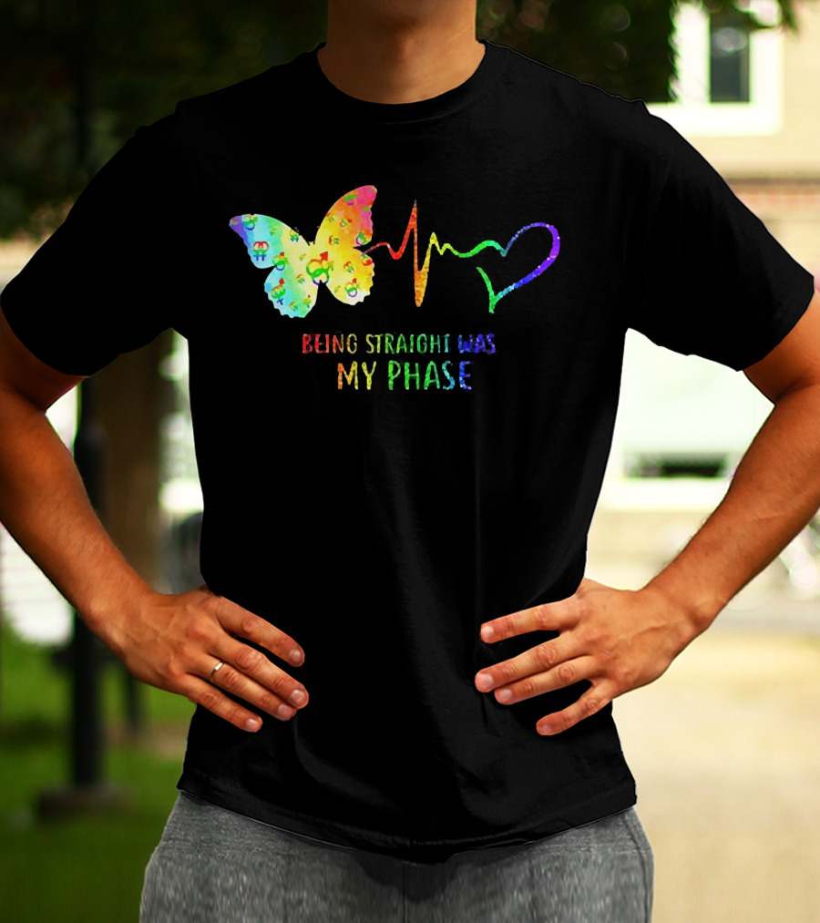 Being Straight Was My Phase Heartbeat Butterfly Rainbow T-Shirt