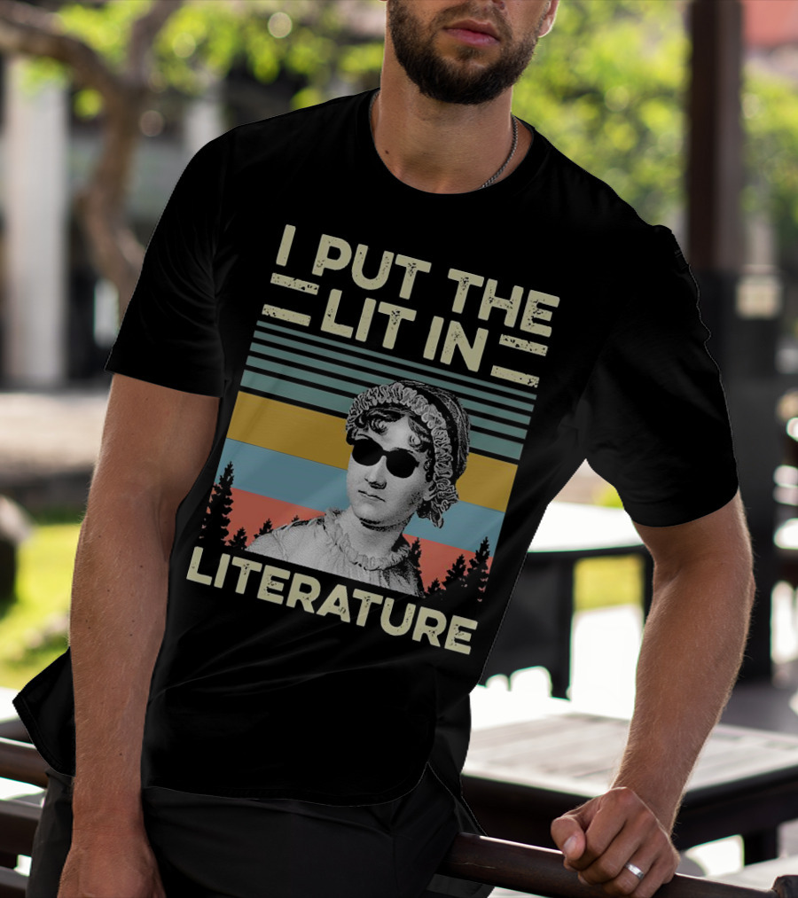 I Put The Lit In Literature Jane Austen Vintage Sunglasses Retro Forest Stripes T-Shirt