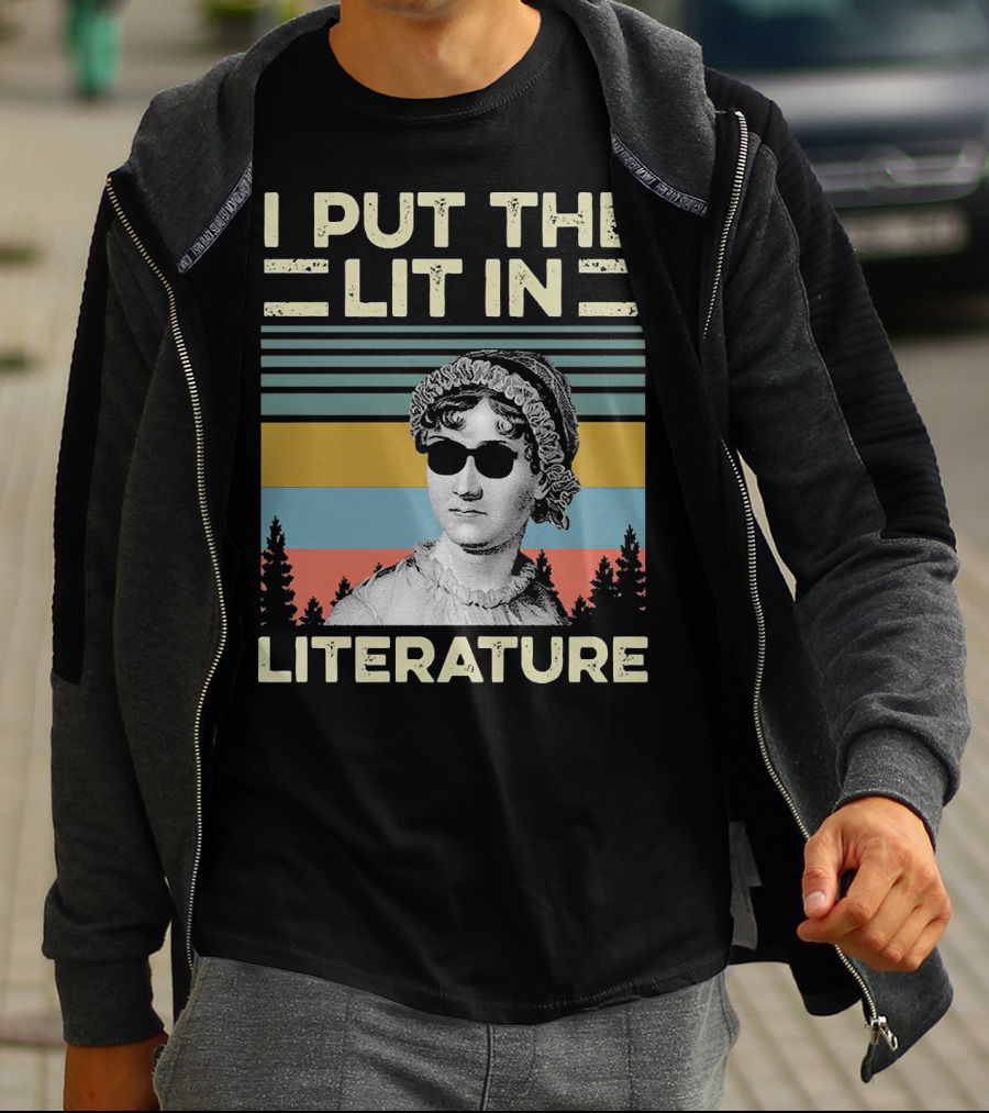 I Put The Lit In Literature Jane Austen Vintage Sunglasses Retro Forest Stripes T-Shirt