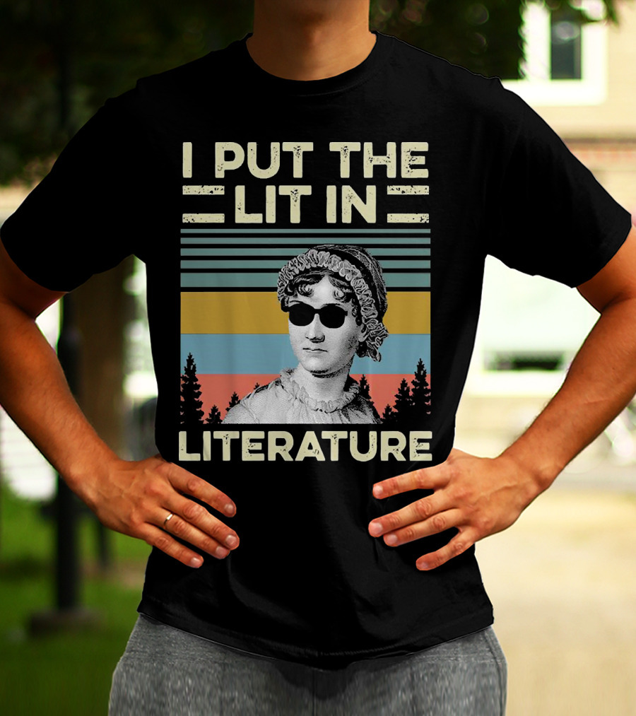 I Put The Lit In Literature Jane Austen Vintage Sunglasses Retro Forest Stripes T-Shirt