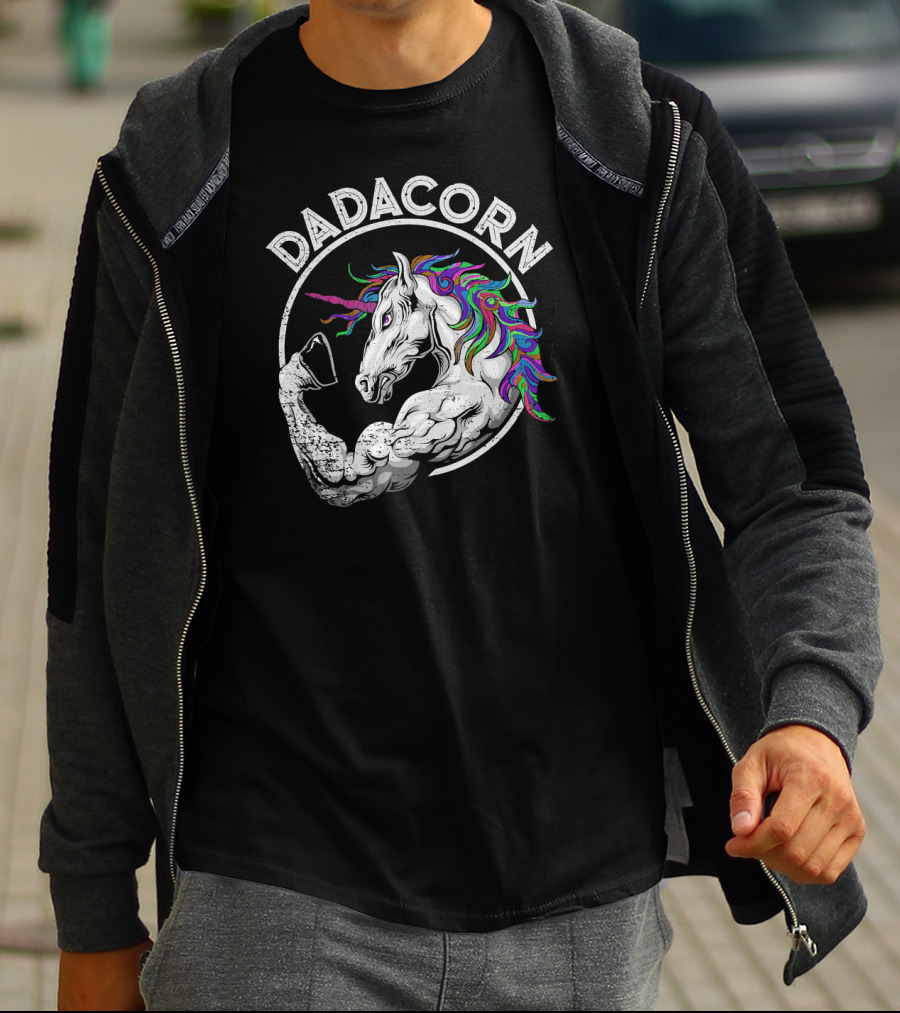 Dadacorn Muscle Unicorn Flexing Rainbow Mane T-Shirt