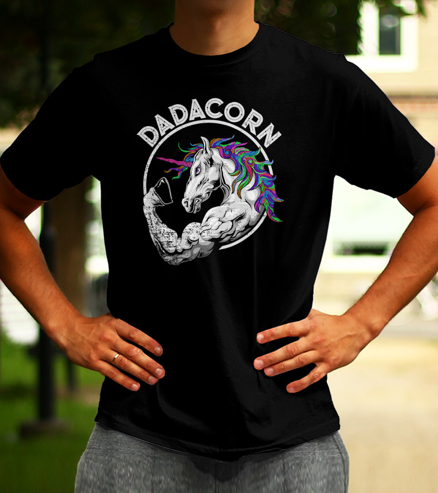 Dadacorn Muscle Unicorn Flexing Rainbow Mane T-Shirt