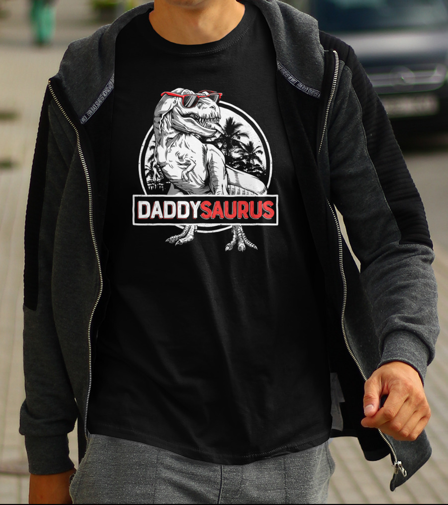 Daddysaurus Rex Daddy Saurus Dinosaur With Sunglasses And Palm Trees T-Shirt
