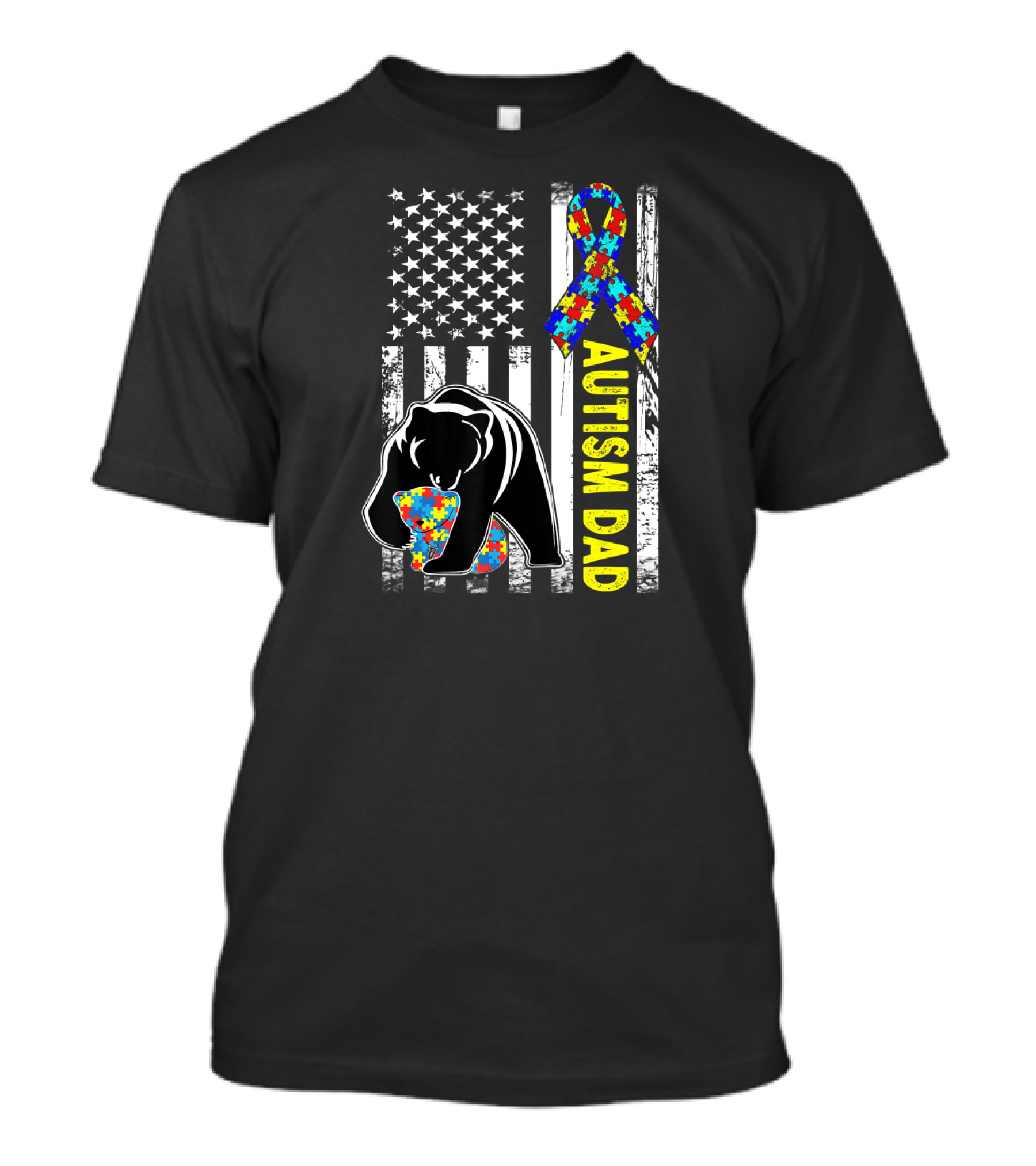Autism Dad American Flag Bear Puzzle Ribbon Awareness T-Shirt