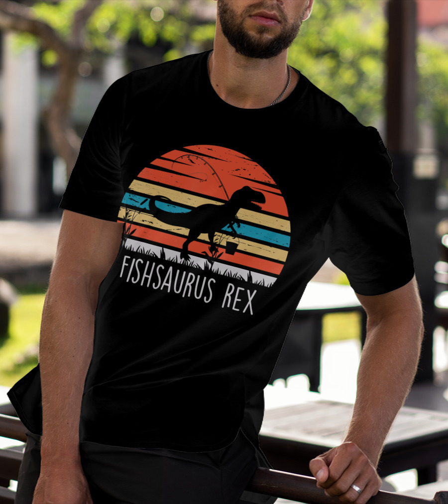 Fishsaurus Rex Dinosaur Vintage Fishing Sunset T-Shirt