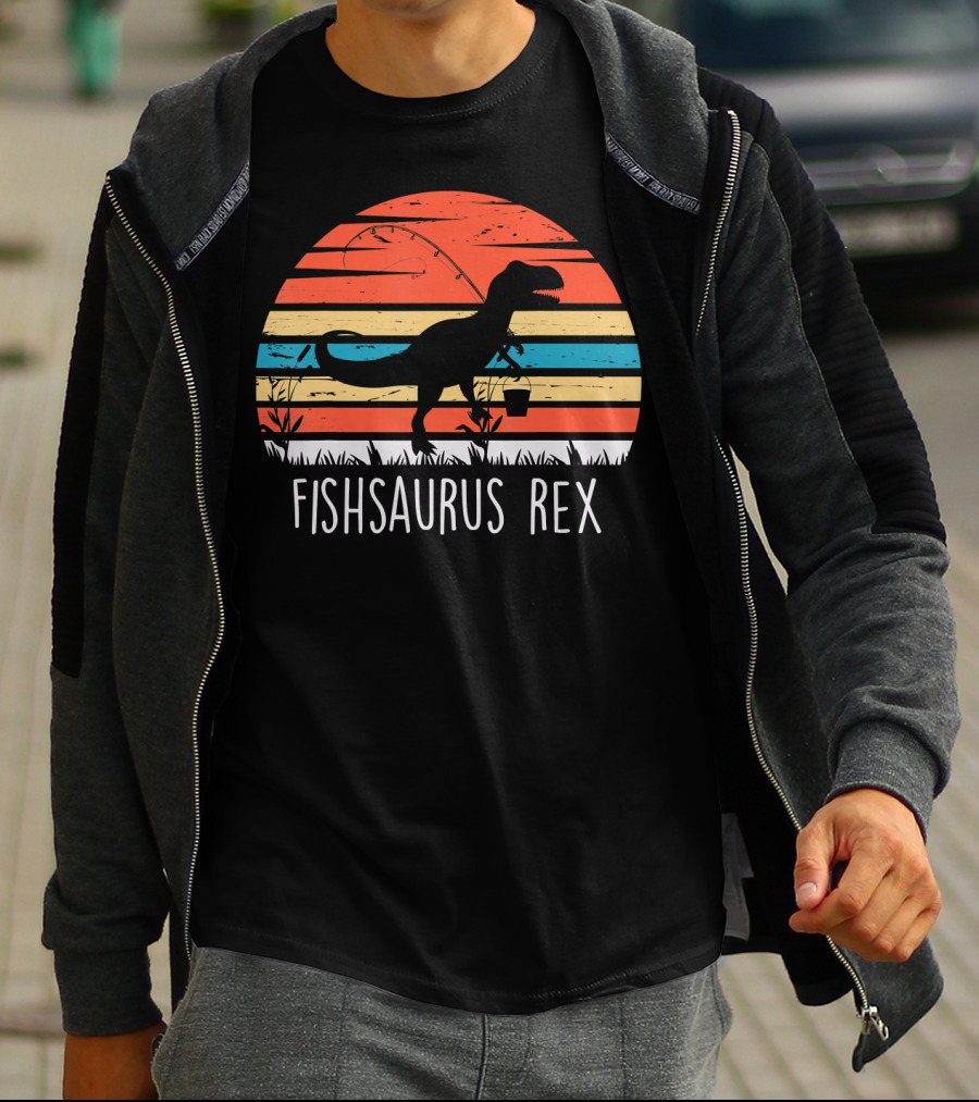 Fishsaurus Rex Dinosaur Vintage Fishing Sunset T-Shirt