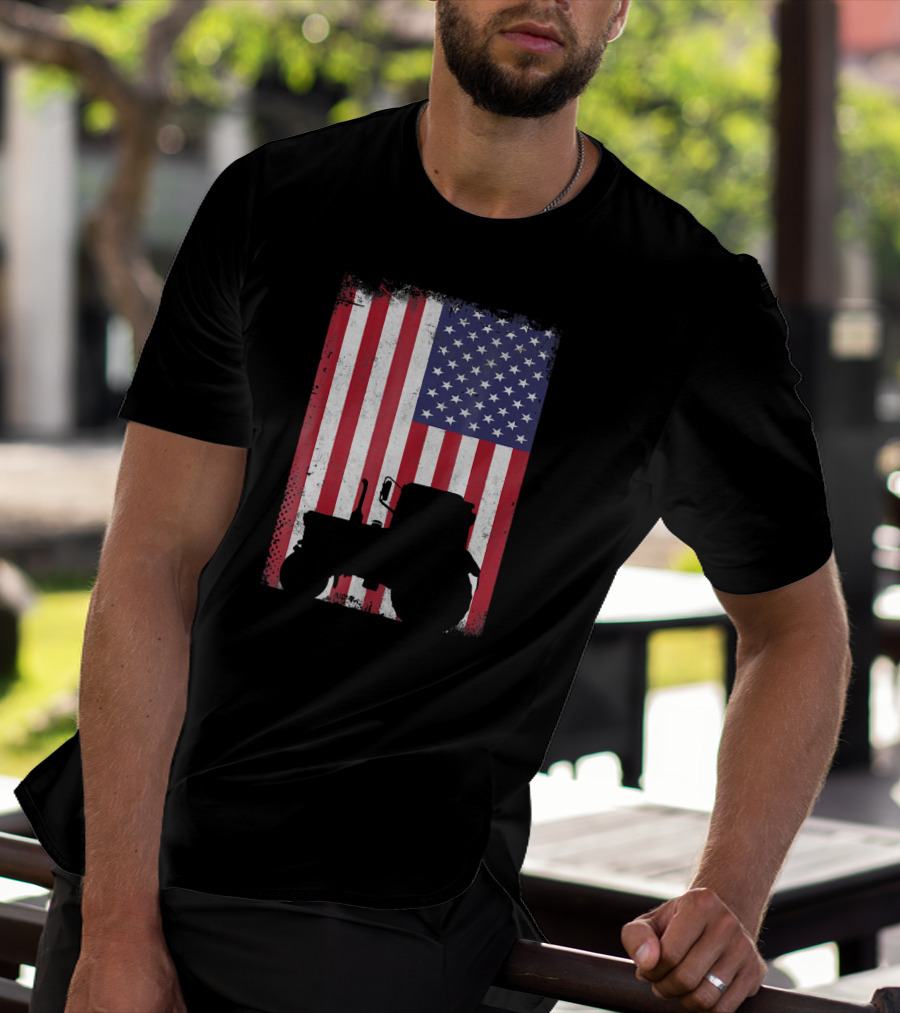 Patriotic American Flag With Vintage Tractor Farming T-Shirt
