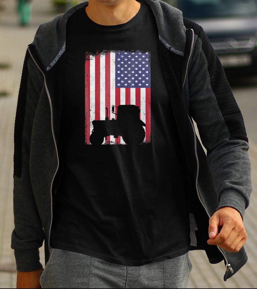 Patriotic American Flag With Vintage Tractor Farming T-Shirt