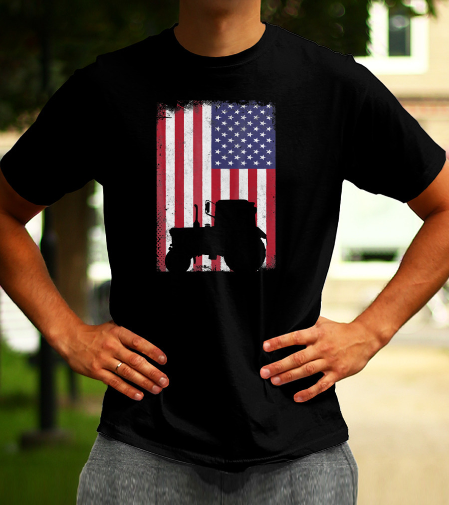 Patriotic American Flag With Vintage Tractor Farming T-Shirt