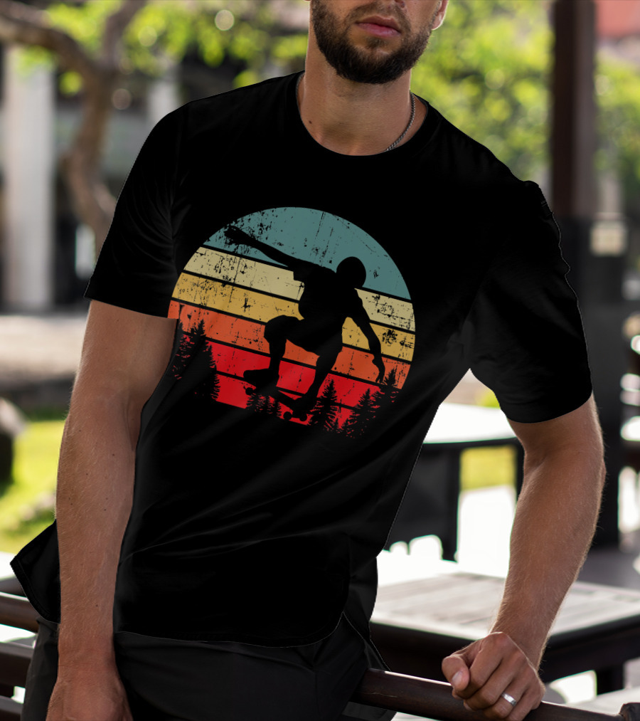 Trick Move Retro Vintage Skateboarder Silhouette Forest Sunset T-Shirt