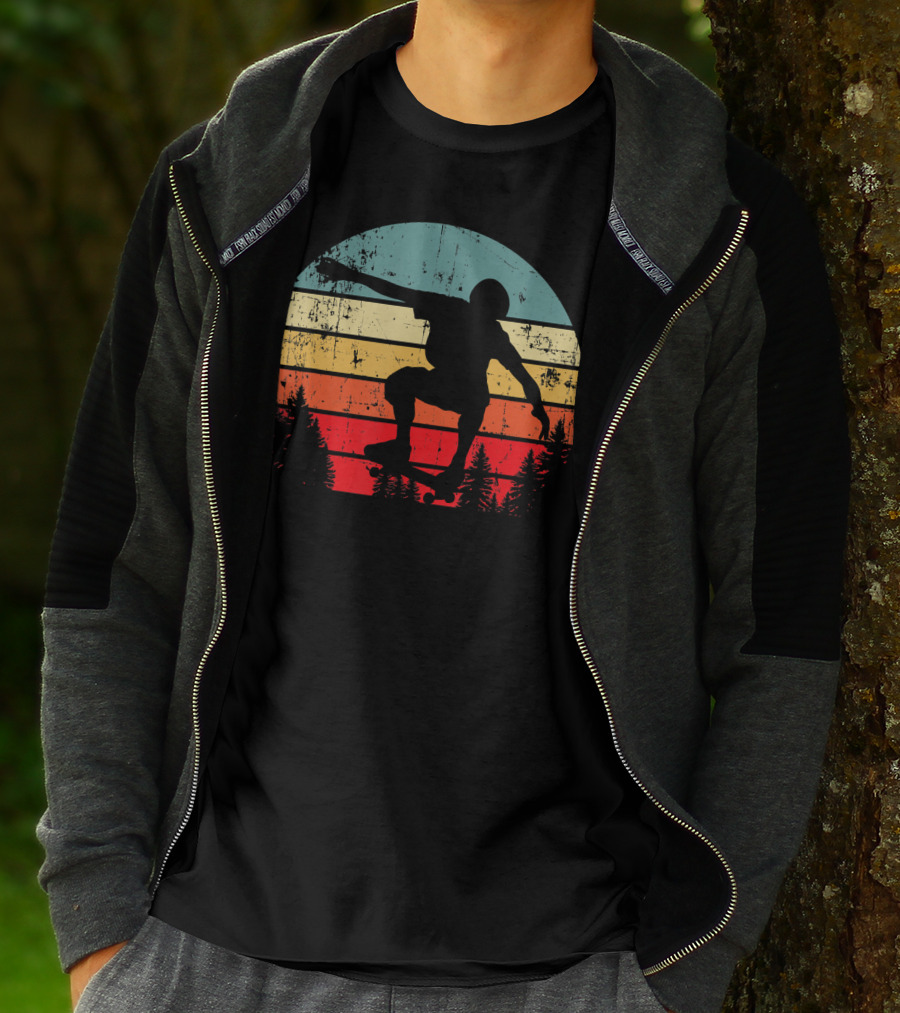 Trick Move Retro Vintage Skateboarder Silhouette Forest Sunset T-Shirt