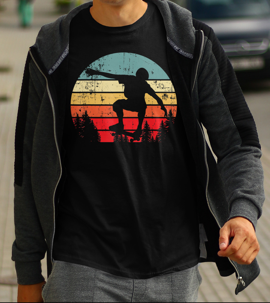 Trick Move Retro Vintage Skateboarder Silhouette Forest Sunset T-Shirt
