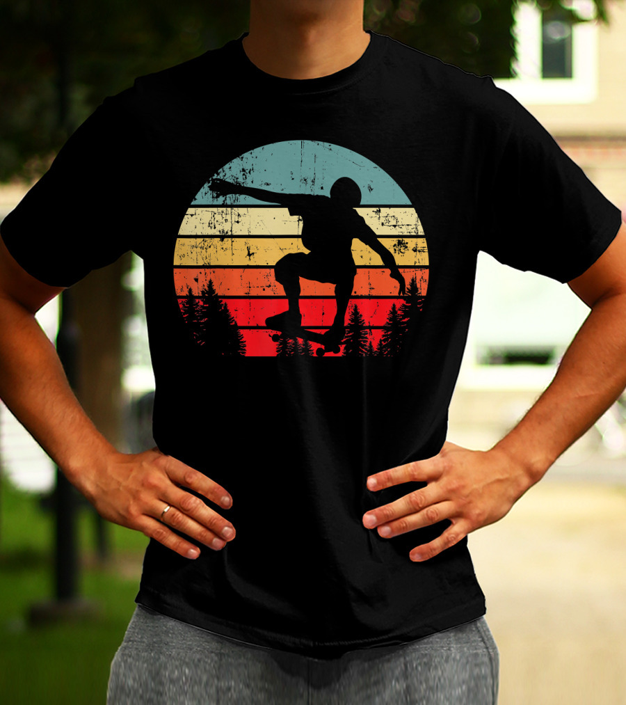Trick Move Retro Vintage Skateboarder Silhouette Forest Sunset T-Shirt