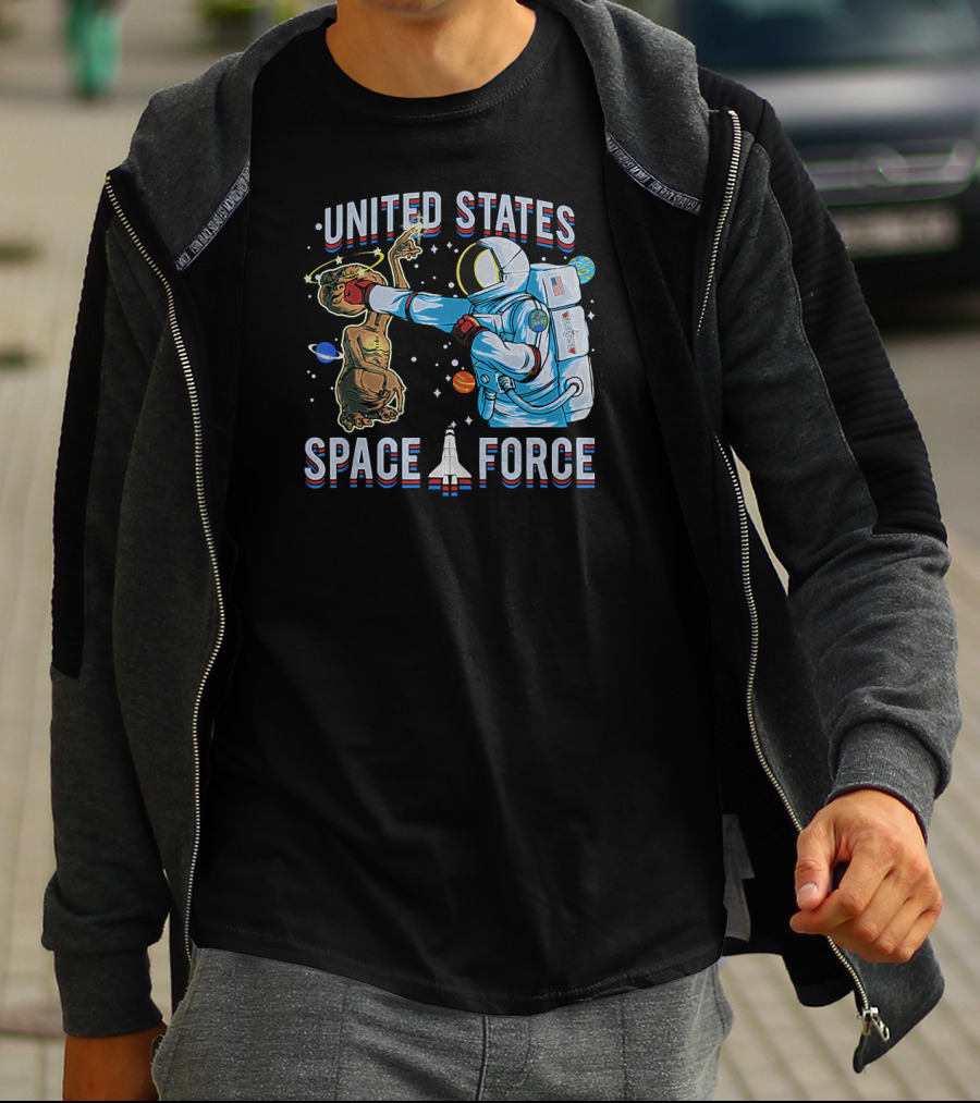 United States Space Force Astronaut Punching Alien In Humorous Space Scene T-Shirt