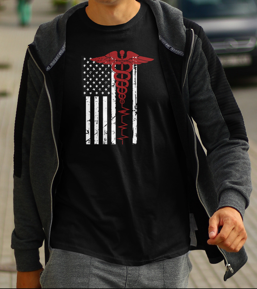 USA Flag Caduceus Medical Symbol Black Patriotic Nurse T-Shirt