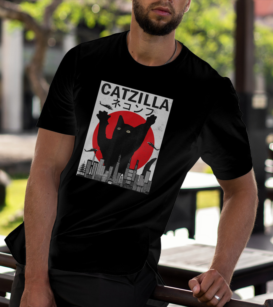 Catzilla Japanese Sunset Style Cat With Helicopter And Skyline Elements T-Shirt