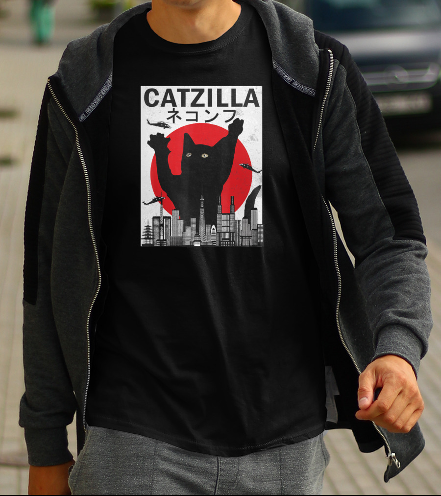 Catzilla Japanese Sunset Style Cat With Helicopter And Skyline Elements T-Shirt