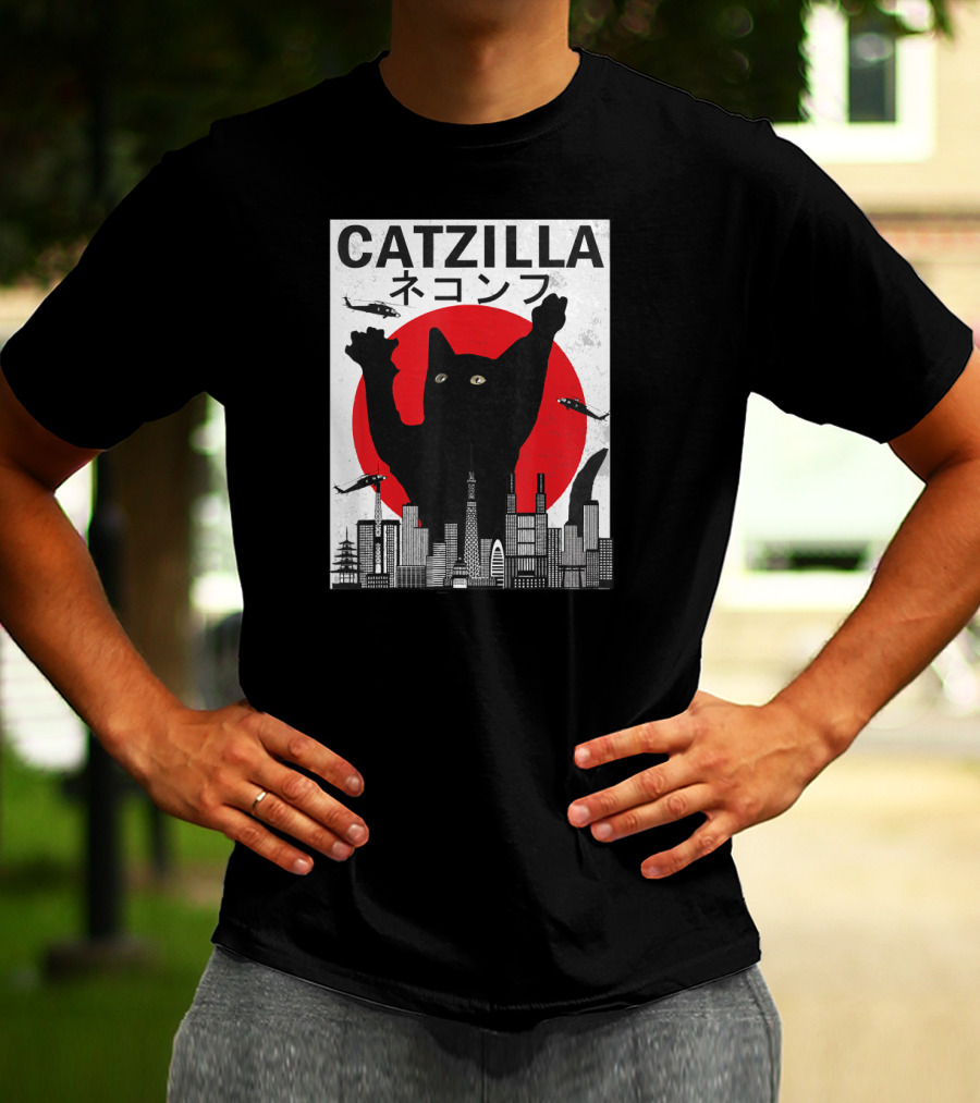 Catzilla Japanese Sunset Style Cat With Helicopter And Skyline Elements T-Shirt