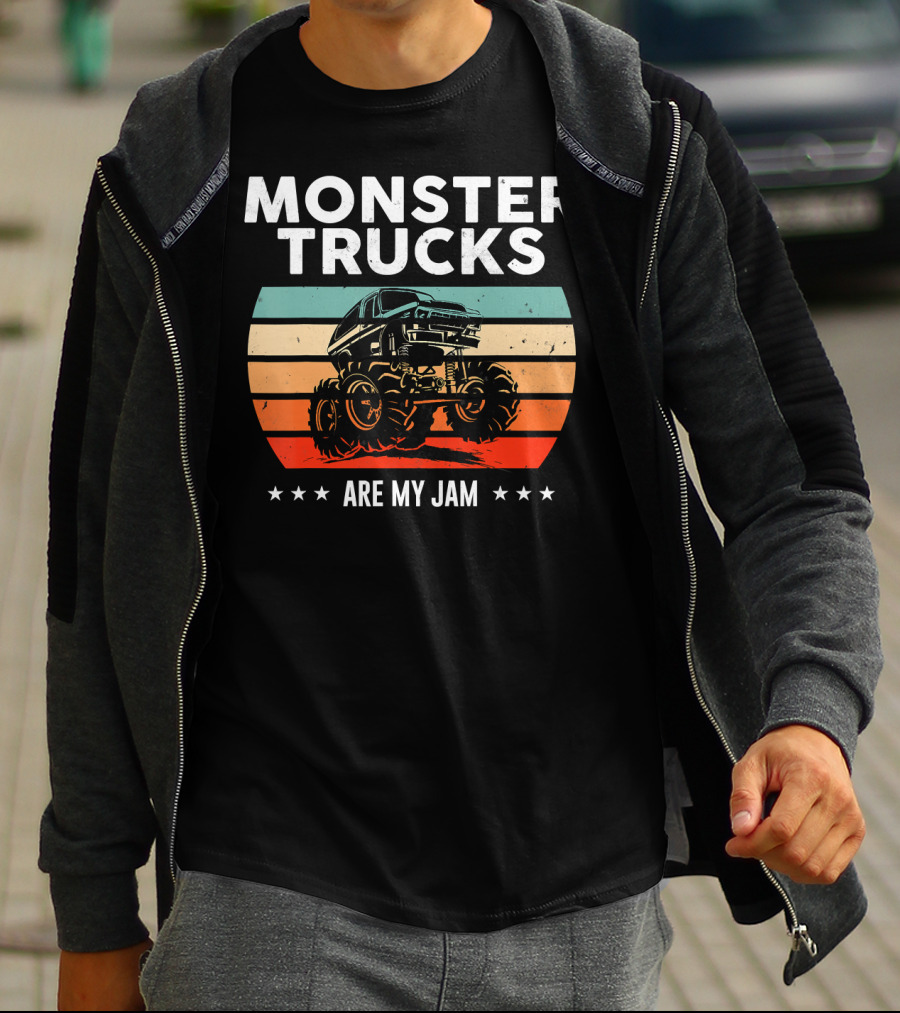 Monster Trucks Are My Jam Retro Sunset Vintage Cool Engines T-Shirt