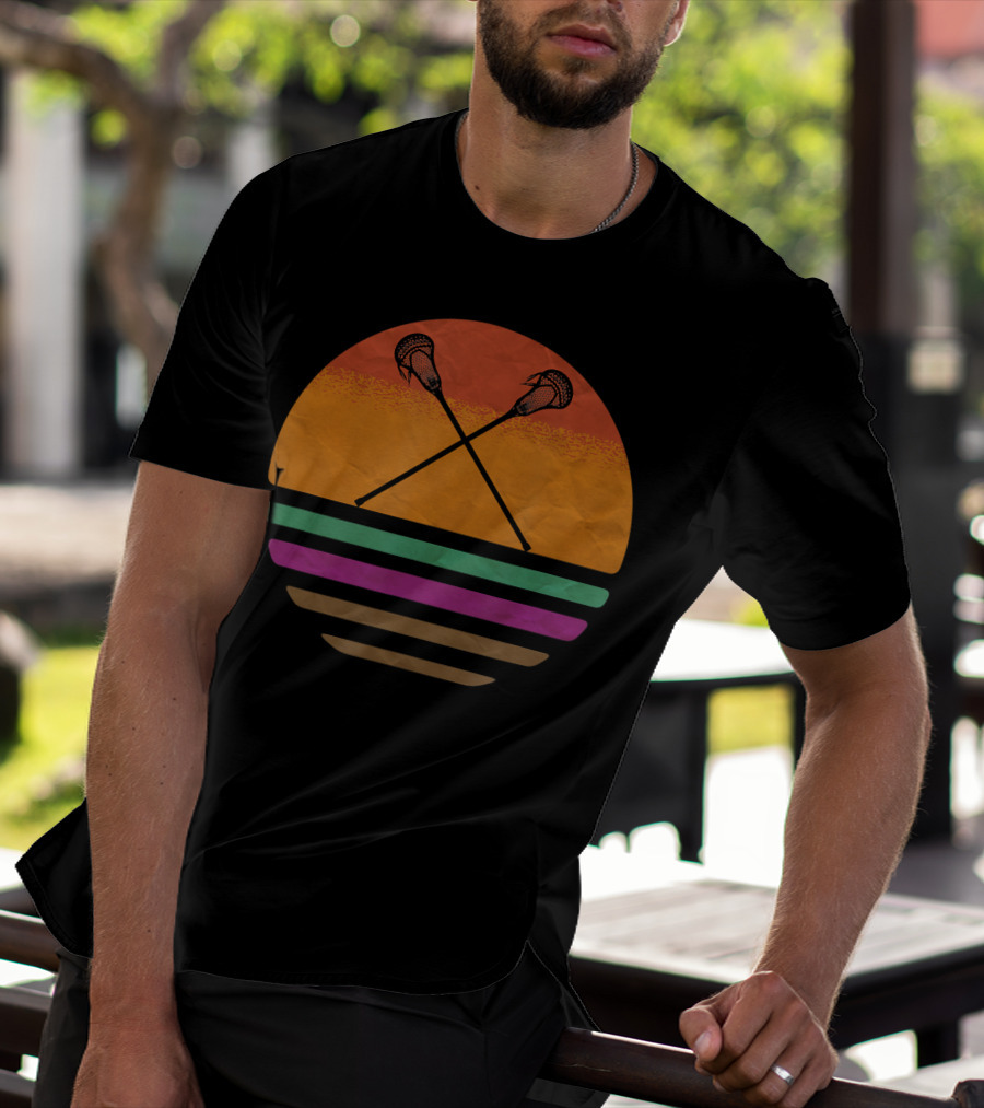 Vintage Retro Lacrosse Crossed Sticks Silhouette Sun T-Shirt